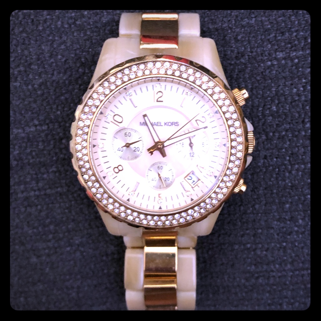 Mk Watch W Yellow Gold Trim Mother Of Pearl Face